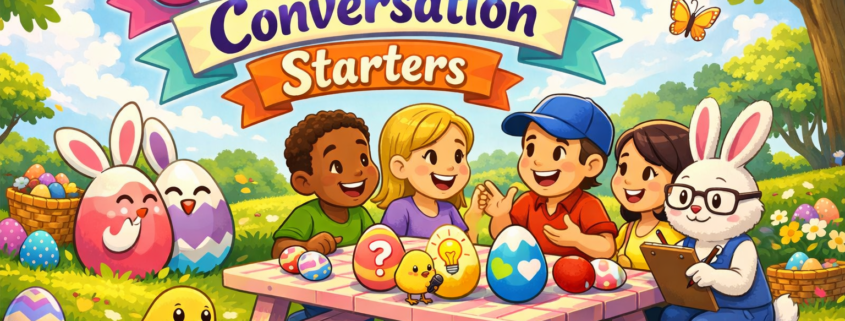 Illustrated Easter picnic scene with smiling children and friendly cartoon animals gathered around a table covered in colorful Easter eggs, some featuring question marks and lightbulb icons. A chick holds a microphone, a rabbit takes notes on a clipboard, and playful bunnies peek from the grass. Above them, a banner reads “150 Easter Conversation Starters,” set in a bright spring park with trees, flowers, and blue sky. “FunAttic. Since 1998” appears in the bottom-right corner.