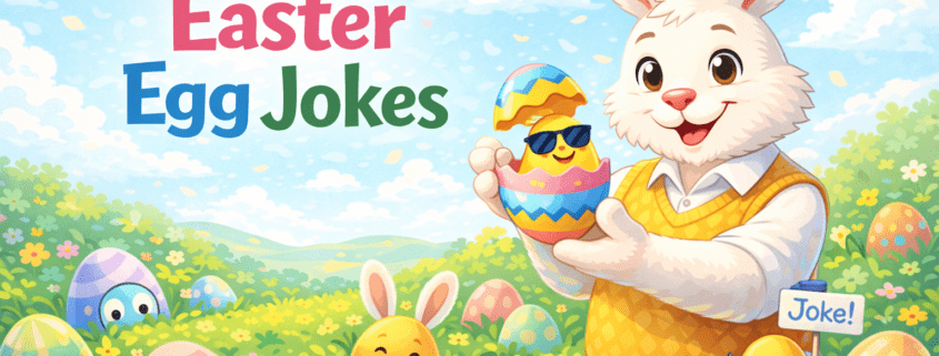 Playful Easter blog header illustration showing a cheerful Easter bunny in a sunny spring meadow, smiling and holding a cracked, colorful Easter egg with a sunglasses-wearing yolk inside. Pastel eggs with humorous details—one peeking from the grass, one with bunny ears, and one holding a tiny “Joke!” sign—surround the bunny among flowers and rolling green hills. The headline reads “150 Easter Egg Jokes,” with subtle branding text “FunAttic. Since 1998” in the bottom-right corner.