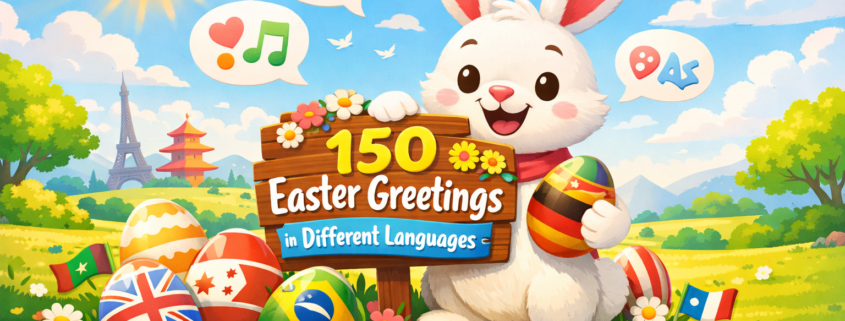 Illustration of a smiling Easter bunny holding a sign that reads “150 Easter Greetings in Different Languages,” surrounded by colorful Easter eggs with global flag designs, spring flowers, and a sunny international landscape, with “FunAttic. Since 1998” branding in the corner.