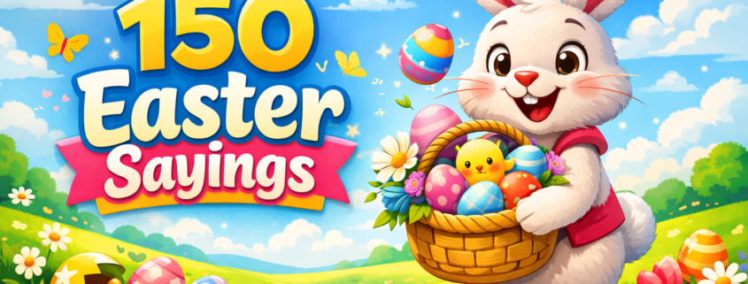 “Playful illustration of a smiling Easter bunny holding a basket of pastel eggs and spring flowers with the title ‘150 Easter Sayings’ in a bright spring setting.”