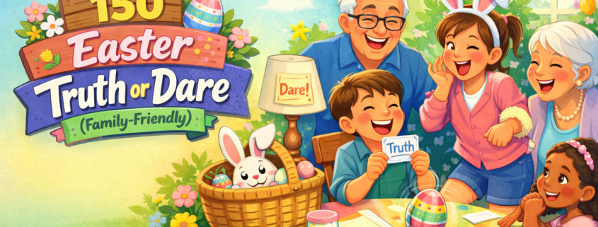 “Colorful Easter illustration showing a happy multigenerational family playing a family-friendly game of Truth or Dare around a table, with pastel eggs, a playful bunny in a basket, and festive spring decorations. The title ‘150 Easter Truth or Dare (Family-Friendly)’ appears prominently, with cheerful, bright colors and a joyful holiday atmosphere.”