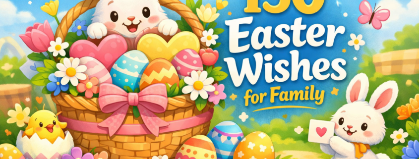 Illustration of a cheerful Easter basket filled with colorful eggs, flowers, and heart-shaped cards, with smiling bunnies and spring decorations celebrating family Easter wishes.