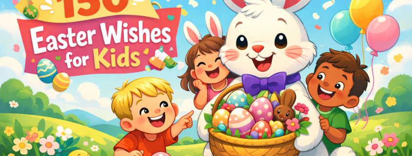 Playful Easter illustration with a smiling Easter Bunny holding a basket of colorful eggs as happy kids peek and laugh in a sunny spring meadow, with the title “150 Easter Wishes for Kids” displayed prominently and subtle “FunAttic. Since 1998” branding in the corner.