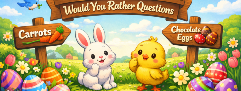 Playful Easter illustration showing a smiling bunny and chick in a sunny spring meadow with colorful decorated eggs and flowers. Wooden signs point to “Carrots” and “Chocolate Eggs,” framing a large banner that reads “150 Easter Would You Rather Questions,” with subtle “FunAttic. Since 1998” branding in the bottom-right corner.