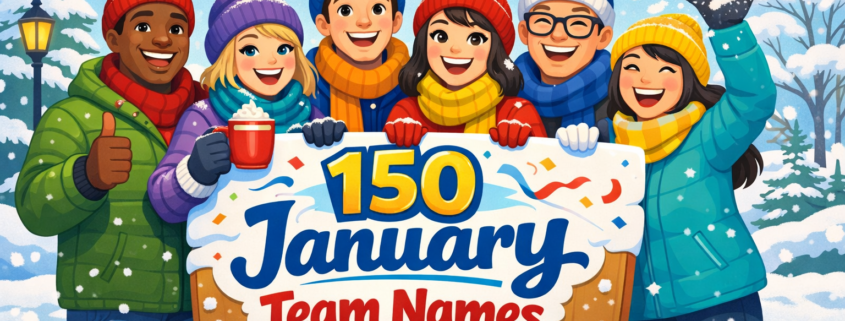 Playful winter cartoon illustration of a diverse group of smiling people bundled in colorful scarves, hats, and jackets, standing together in a snowy park. They hold a large banner reading “150 January Team Names” while snow falls gently around them, with snow-covered trees and subtle New Year confetti in the background. The scene feels cozy and celebratory, with mugs of hot cocoa, lighthearted gestures, and bright winter colors. The text “FunAttic. Since 1998” appears subtly in the bottom-right corner.