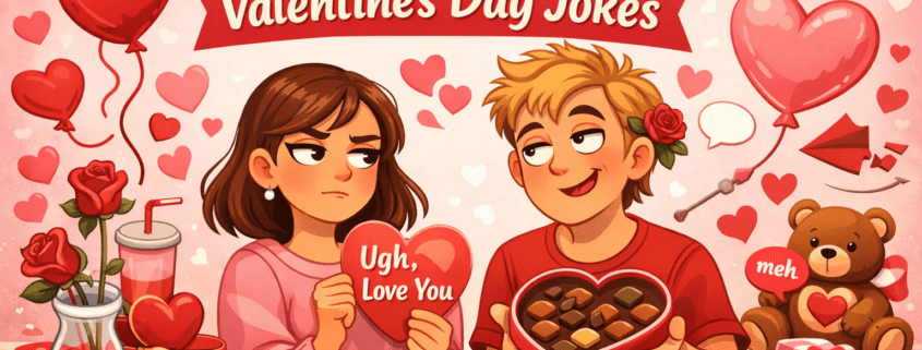 Illustrated Valentine’s Day scene with a sarcastic couple: one person holds a heart-shaped card with an unimpressed expression while the other offers a box of chocolates and rolls their eyes. Playful Valentine elements like hearts, roses, candy boxes, and a slightly deflating heart balloon surround them in a bright pink and red palette. Bold title text reads “150 Sarcastic Valentine’s Day Jokes,” with subtle branding “FunAttic. Since 1998” in the bottom-right corner.