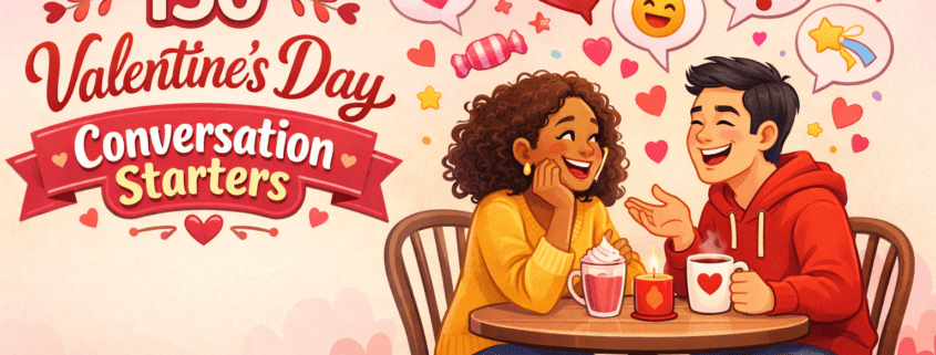 Joyful, FunAttic-style Valentine’s Day illustration of two diverse cartoon characters laughing at a cozy café table, with heart-shaped speech bubbles and playful icons floating above them. The hand-lettered title reads “150 Valentine’s Day Conversation Starters” on a warm pink pastel background with open space for text, and subtle branding “FunAttic. Since 1998” appears in the bottom-right corner.