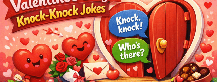 Playful Valentine’s Day illustration showing a whimsical heart-shaped front door cracked open, with colorful speech bubbles reading “Knock, knock!” and “Who’s there?” Floating around are smiling hearts, candies, chocolates, roses, envelopes, and tiny cupid arrows. A bright pink-to-red gradient background adds a cheerful feel with plenty of open space. A banner reads “150 Valentine’s Day Knock-Knock Jokes,” and subtle branding in the corner says “FunAttic. Since 1998.”