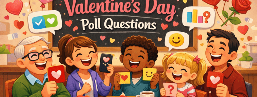 Playful Valentine’s Day illustration of a diverse group of smiling cartoon people gathered around a cozy café table, voting with heart-shaped cards, smartphones, and sticky notes. A chalkboard behind them reads “150 Valentine’s Day Poll Questions,” surrounded by hearts, balloons, roses, chocolates, and chat bubbles. Bright pink and red tones create a cheerful, festive mood, with small branding text “FunAttic. Since 1998” in the bottom-right corner