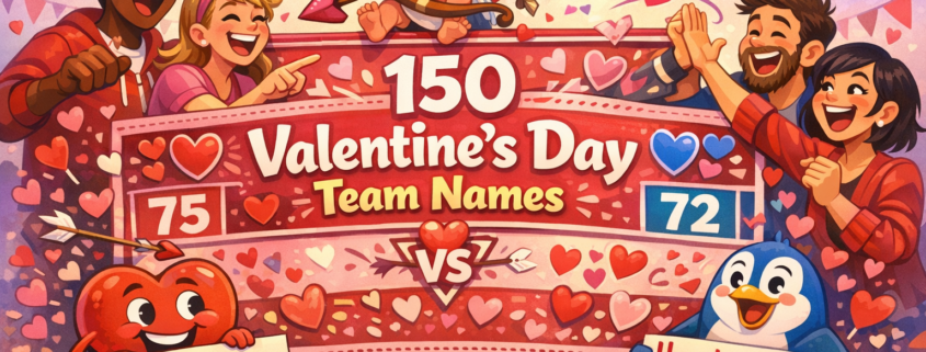 Illustrated Valentine’s Day blog header showing a joyful, diverse cartoon team gathered around a pink-and-red scoreboard filled with hearts and playful details, including a tangled Cupid, heart confetti, and goofy mascots holding team name signs. The headline “150 Valentine’s Day Team Names” appears prominently on the banner, with characters laughing, pointing, and high-fiving in a bright, festive color palette. Subtle branding text reads “FunAttic. Since 1998” in the bottom-right corner.