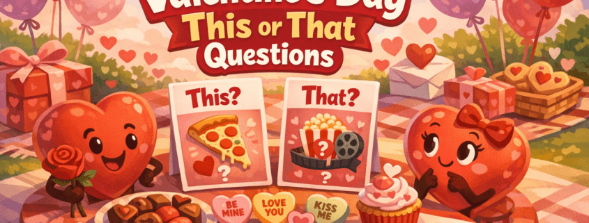 Playful Valentine’s Day illustration with two cute heart characters at a cozy picnic table choosing between ‘This?’ and ‘That?’ question cards, surrounded by chocolates, candy hearts, cupcakes, balloons, and roses. The title ‘150 Valentine’s Day This or That Questions’ appears prominently above, with soft pink and red tones and subtle ‘FunAttic. Since 1998’ branding in the bottom-right corner.