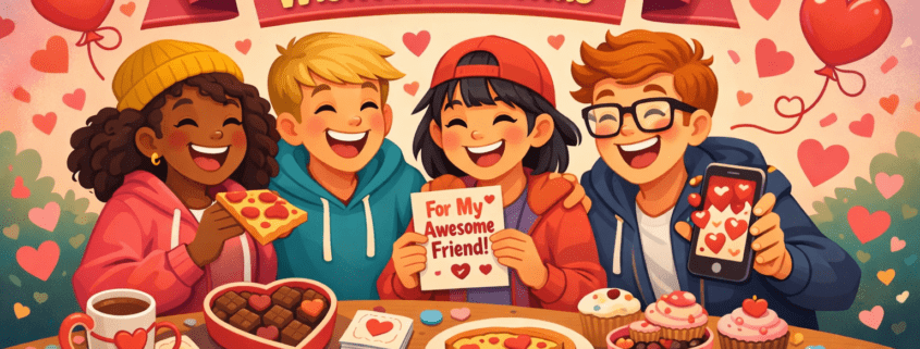 Illustrated Valentine’s Day scene showing a diverse group of four cartoon-style friends laughing together around a cozy table filled with heart-shaped chocolates, pizza slices, cupcakes, greeting cards, and phones with heart emojis. The friends celebrate friendship in a playful, festive setting with floating hearts and banners. A bright banner reads “150 Valentine’s Day Wishes for Friends,” and subtle branding “FunAttic. Since 1998” appears in the bottom-right corner.