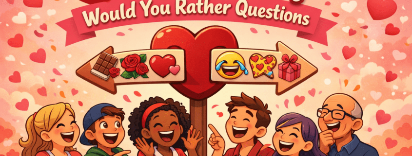 Illustrated Valentine’s Day blog header showing a cheerful, diverse group of cartoon characters gathered around a heart-shaped signpost splitting into two playful choices—one with chocolate, roses, and hearts, the other with goofy emojis, pizza hearts, and quirky gifts. Warm pink and peach gradient sky with subtle floating hearts and sparkles in the background. The headline reads “150 Valentine’s Day Would You Rather Questions,” with small branding text “FunAttic. Since 1998” in the bottom-right corner.
