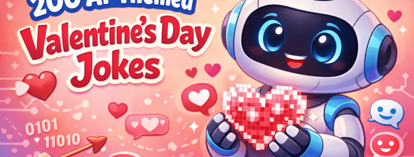 Playful, high-resolution Valentine’s Day illustration in a FunAttic-style. A friendly white-and-pastel-blue cartoon AI robot smiles while holding a glowing, heart-shaped hologram made of pixels and code. Floating around are chat-bubble hearts, circuit-board cupid arrows, and subtle AI icons against a bright pink-to-blue gradient background with clean negative space. The bold title text reads “200 AI-Themed Valentine’s Day Jokes,” and small branding in the bottom-right says “FunAttic. Since 1998.”