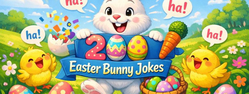 A cheerful illustrated Easter Bunny smiles while holding a banner reading “200 Easter Bunny Jokes,” surrounded by laughing yellow chicks, colorful Easter eggs, confetti, and spring flowers in a sunny green meadow, with subtle branding text “FunAttic. Since 1998” in the bottom-right corner.