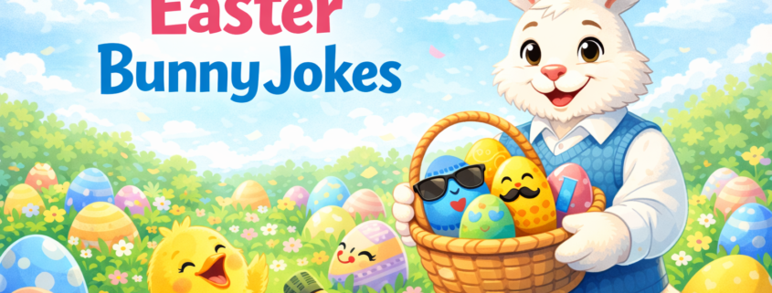 Bright Easter blog header illustration showing a cheerful Easter Bunny standing in a sunny spring meadow, smiling and holding a basket of colorful eggs, including playful eggs with sunglasses and mustaches. A laughing chick stands nearby next to a carrot-shaped microphone, with pastel Easter eggs and spring flowers scattered around. The sky provides clean negative space for readability. The headline reads “200 Easter Bunny Jokes,” with subtle branding text “FunAttic. Since 1998” in the bottom-right corner.