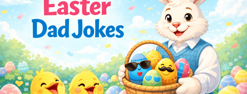 Playful Easter blog header illustration featuring a cheerful dad-style Easter bunny in a sweater vest, smiling and holding a basket of colorful eggs decorated with tiny dad-joke details like sunglasses, mustaches, and neckties. Pastel eggs, spring flowers, light confetti, and amused chicks surround the bunny in a bright, clean spring setting with balanced negative space. The headline reads “200 Easter Dad Jokes,” with subtle branding text “FunAttic. Since 1998” in the bottom-right corner.