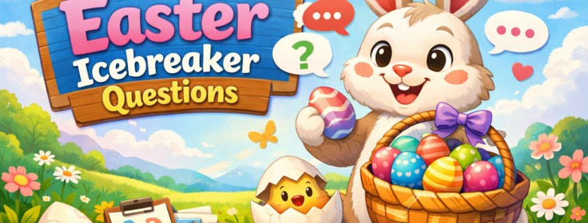Playful Easter-themed illustration featuring a cheerful cartoon bunny holding a basket of colorful eggs with question marks, surrounded by chicks, candy, and spring scenery, with the title “200 Easter Icebreaker Questions” and subtle “FunAttic. Since 1998” branding.