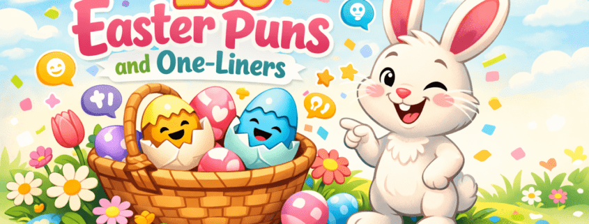 Joyful Easter-themed illustration in a bright, polished FunAttic-inspired style featuring a cheerful cartoon bunny winking beside a basket overflowing with colorful Easter eggs, some cracked open with smiling faces and playful symbols. Pastel spring flowers, soft grass, and confetti surround the scene under a clean sky-blue background. The title “200 Easter Puns and One-Liners” appears prominently in a fun, readable display font, with subtle negative space for cropping. “FunAttic. Since 1998” is visible in the bottom-right corner.