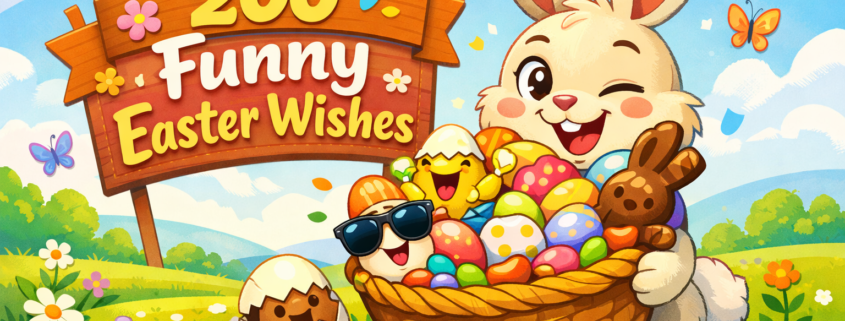 Playful Easter illustration featuring a smiling cartoon bunny holding a basket of colorful eggs and candy beside a sign reading “200 Funny Easter Wishes,” set in a bright spring meadow with flowers and cheerful details.