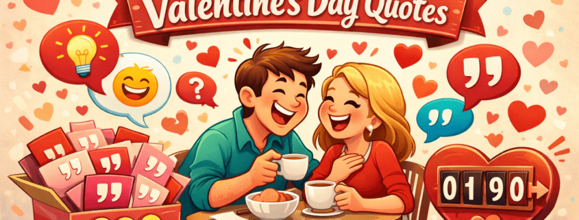 Playful Valentine’s Day illustration of a smiling cartoon couple laughing at a small café table, surrounded by floating heart-shaped speech bubbles with joke icons. A stack of pink and red quote cards spills from a box labeled “200,” and a decorative banner reads “200 Funny Valentine’s Day Quotes.” The bright, festive scene uses warm reds and pinks with teal accents, an airy background with subtle hearts, and includes the small text “FunAttic. Since 1998” in the bottom-right corner.