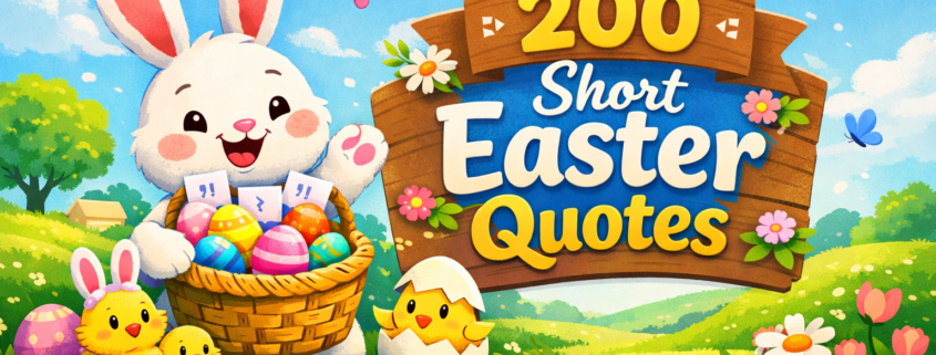Cheerful Easter illustration with a smiling bunny holding a basket of colorful eggs, cute chicks, spring flowers, and a sign reading “200 Short Easter Quotes,” FunAttic style.
