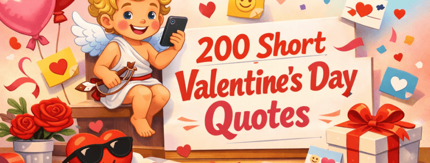 Playful Valentine’s Day illustration with a cheerful cartoon Cupid sitting at a desk and holding a phone, surrounded by heart balloons, roses, chocolates, sticky notes, and confetti. A large card in the scene reads “200 Short Valentine’s Day Quotes” in bold, friendly lettering. The background features a soft pink-to-blue gradient with clean negative space, and subtle branding text “FunAttic. Since 1998” appears in the bottom-right corner.
