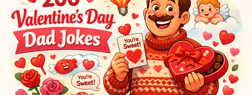 Illustrated blog header showing a cheerful cartoon dad in a cozy sweater holding a heart-shaped box of chocolates and a Valentine’s card, smiling with playful confidence. Bright red and pink Valentine’s elements—floating hearts, roses, candy, a heart-shaped lightbulb, and a small cupid—surround him on a clean, light background. The title “200 Valentine’s Day Dad Jokes” appears prominently in a bold, friendly font, with subtle branding text “FunAttic. Since 1998” in the bottom-right corner.