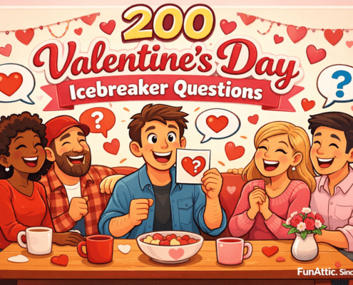 **Alt text:** “Fun, cartoon-style Valentine’s Day illustration showing a diverse group of adults laughing together in a cozy living room. One person at the center holds a card with a heart and question mark while others chat around a table with mugs and snacks. Floating hearts, speech bubbles, and question marks suggest icebreaker conversations. The title ‘200 Valentine’s Day Icebreaker Questions’ appears prominently, with subtle branding text ‘FunAttic. Since 1998’ in the bottom-right corner.”