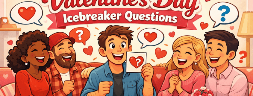**Alt text:** “Fun, cartoon-style Valentine’s Day illustration showing a diverse group of adults laughing together in a cozy living room. One person at the center holds a card with a heart and question mark while others chat around a table with mugs and snacks. Floating hearts, speech bubbles, and question marks suggest icebreaker conversations. The title ‘200 Valentine’s Day Icebreaker Questions’ appears prominently, with subtle branding text ‘FunAttic. Since 1998’ in the bottom-right corner.”