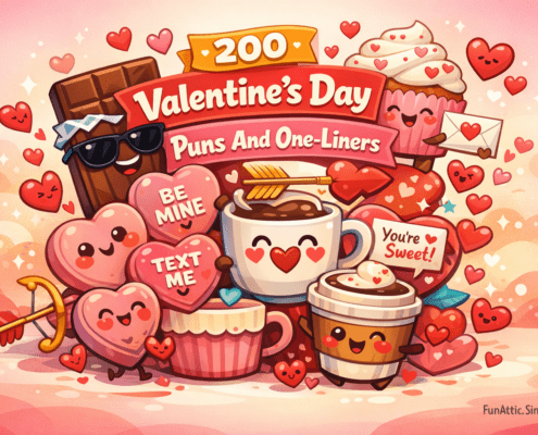 Playful Valentine’s Day cartoon illustration featuring smiling candy hearts, a chocolate bar in sunglasses, cheerful coffee cups, and a cupcake holding a love note, stacked together in a bright pink and coral scene. The headline ‘200 Valentine’s Day Puns And One-Liners’ appears prominently among heart-shaped banners, with small hearts reacting around the characters. Clean, festive background with soft gradients and subtle pops of color. ‘FunAttic. Since 1998’ appears discreetly in the bottom-right corner.