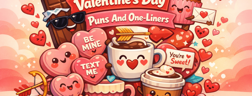Playful Valentine’s Day cartoon illustration featuring smiling candy hearts, a chocolate bar in sunglasses, cheerful coffee cups, and a cupcake holding a love note, stacked together in a bright pink and coral scene. The headline ‘200 Valentine’s Day Puns And One-Liners’ appears prominently among heart-shaped banners, with small hearts reacting around the characters. Clean, festive background with soft gradients and subtle pops of color. ‘FunAttic. Since 1998’ appears discreetly in the bottom-right corner.