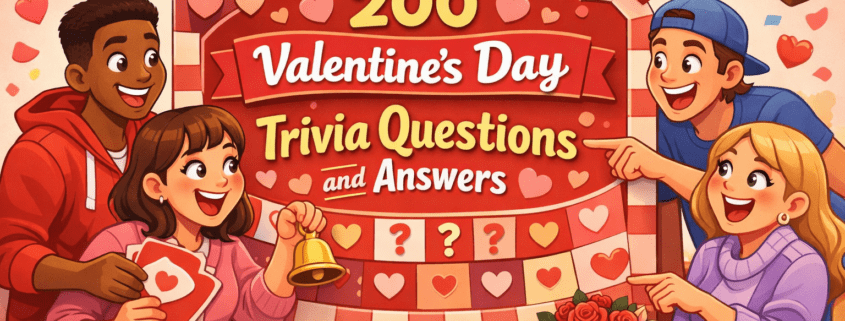 Illustrated Valentine’s Day trivia party with diverse cartoon young adults around a heart-decorated quiz board reading “200 Valentine’s Day Trivia Questions and Answers,” floating hearts and festive icons in warm reds and pinks; subtle branding “FunAttic. Since 1998” at bottom right.