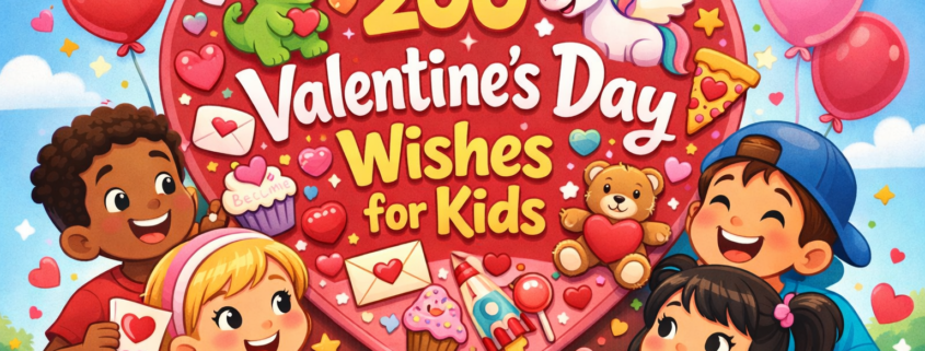 Colorful Valentine’s Day illustration showing diverse, smiling cartoon children gathered around a large heart-shaped message board that reads “200 Valentine’s Day Wishes for Kids,” decorated with candy hearts, envelopes, cupcakes, a teddy bear, a dinosaur, a unicorn, balloons, stars, and playful doodles, set against a bright blue sky with floating hearts; subtle “FunAttic. Since 1998” branding appears in the bottom-right corner.