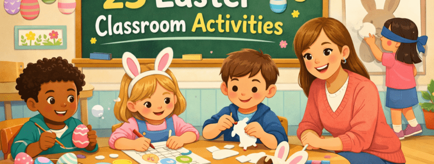 Colorful Easter classroom scene with a smiling teacher and children decorating eggs, crafting bunnies, and playing at a table beneath a chalkboard reading “25 Easter Classroom Activities,” with festive spring decorations and FunAttic branding.