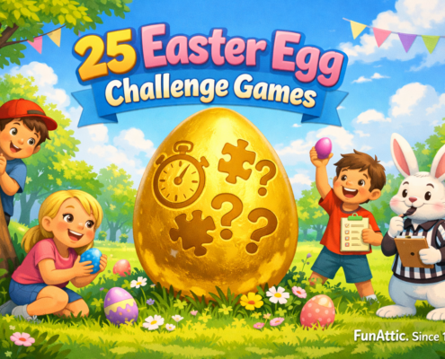 Playful illustrated Easter egg hunt scene with children and a bunny referee gathered around a large golden egg marked with challenge icons in a sunny spring park, featuring the title “25 Easter Egg Challenge Games” and subtle “FunAttic. Since 1998” branding.
