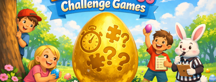 Playful illustrated Easter egg hunt scene with children and a bunny referee gathered around a large golden egg marked with challenge icons in a sunny spring park, featuring the title “25 Easter Egg Challenge Games” and subtle “FunAttic. Since 1998” branding.