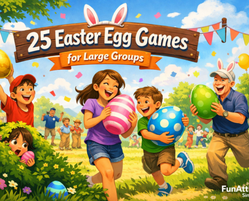 Playful springtime illustration of a large, diverse group of people enjoying Easter egg games in a sunny park, with oversized colorful eggs, cheerful action, and lighthearted humor. A festive banner in the scene reads “25 Easter Egg Games for Large Groups,” while the subtle branding “FunAttic. Since 1998” appears in the bottom-right corner.