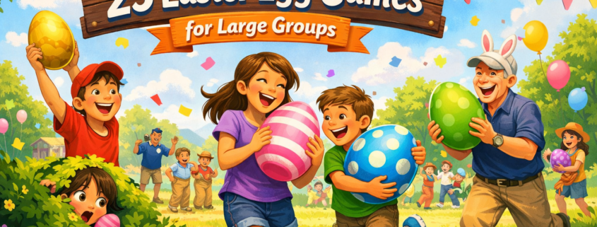 Playful springtime illustration of a large, diverse group of people enjoying Easter egg games in a sunny park, with oversized colorful eggs, cheerful action, and lighthearted humor. A festive banner in the scene reads “25 Easter Egg Games for Large Groups,” while the subtle branding “FunAttic. Since 1998” appears in the bottom-right corner.