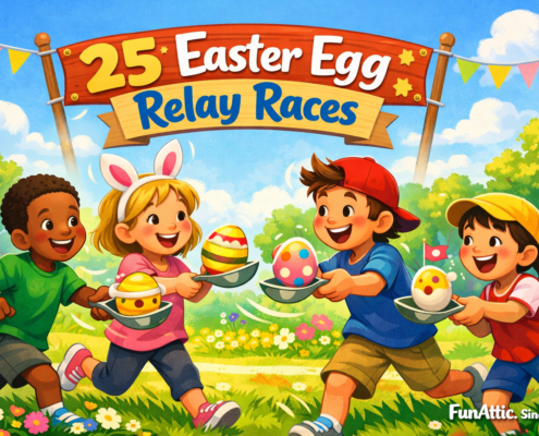 Illustrated Easter egg relay race in a sunny spring park, with kids and adults joyfully passing colorful decorated eggs on spoons; pastel bunting and flowers in the background, playful details on the eggs, the title “25 Easter Egg Relay Races” integrated into the scene, and subtle “FunAttic. Since 1998” branding in the bottom-right corner.