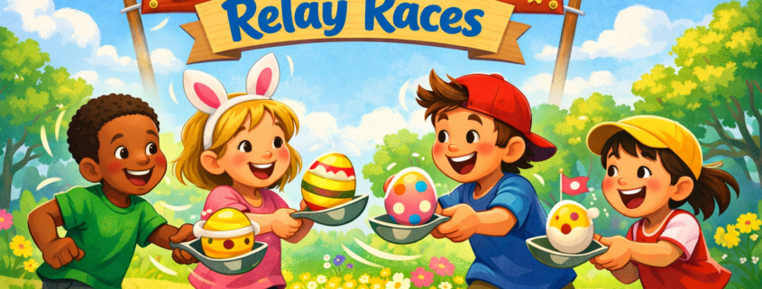 Illustrated Easter egg relay race in a sunny spring park, with kids and adults joyfully passing colorful decorated eggs on spoons; pastel bunting and flowers in the background, playful details on the eggs, the title “25 Easter Egg Relay Races” integrated into the scene, and subtle “FunAttic. Since 1998” branding in the bottom-right corner.