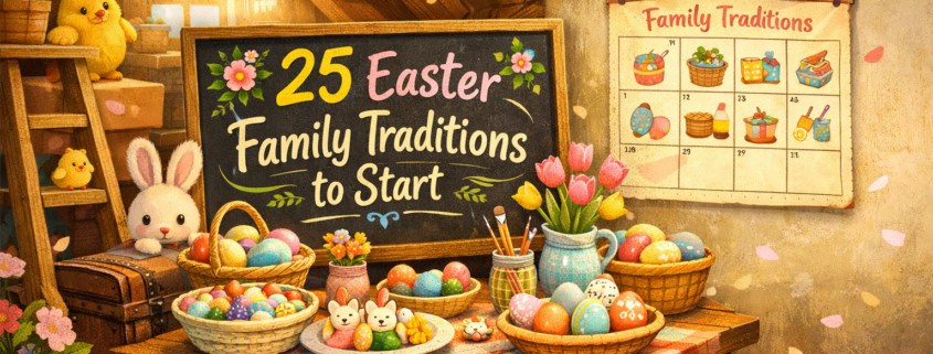 Whimsical Easter-themed attic illustration with a chalkboard reading “25 Easter Family Traditions to Start,” surrounded by baskets of colorful painted eggs, tulips, paintbrushes, bunny cookies, a peeking bunny, a chick on a ladder, pastel bunting, and a family traditions calendar, all warmly lit with subtle “FunAttic. Since 1998” branding in the bottom-right corner.