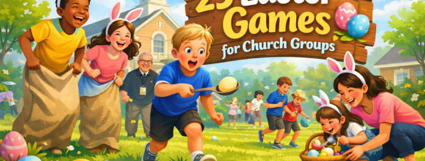 Illustration of families and children playing Easter games on a sunny church lawn, with egg races, sack hopping, and an Easter egg hunt, featuring the title “25 Easter Games for Church Groups.”