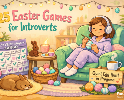 Cozy pastel Easter illustration in a warm living room: an introverted person in lavender pajamas and headphones relaxes in a green armchair, calmly decorating an Easter egg. Soft string lights hang above, pastel eggs and a small chocolate bunny sit nearby, a mug of tea rests on a table, and a real bunny sleeps on a rug. Gentle visual humor includes a ‘Didn’t Talk to Anyone’ bingo card and a ‘Quiet Egg Hunt in Progress’ sign. The title ‘25 Easter Games for Introverts’ appears at the top, with subtle ‘FunAttic. Since 1998’ branding in the bottom-right.