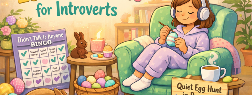 Cozy pastel Easter illustration in a warm living room: an introverted person in lavender pajamas and headphones relaxes in a green armchair, calmly decorating an Easter egg. Soft string lights hang above, pastel eggs and a small chocolate bunny sit nearby, a mug of tea rests on a table, and a real bunny sleeps on a rug. Gentle visual humor includes a ‘Didn’t Talk to Anyone’ bingo card and a ‘Quiet Egg Hunt in Progress’ sign. The title ‘25 Easter Games for Introverts’ appears at the top, with subtle ‘FunAttic. Since 1998’ branding in the bottom-right.