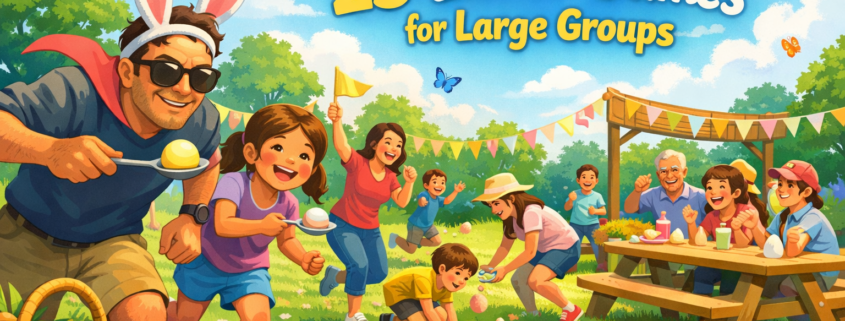FunAttic-style illustration of families playing Easter games in a sunny backyard, with kids and adults racing with eggs, cheering at picnic tables, and colorful Easter decorations under a bright spring sky.