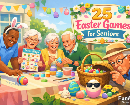 Illustration of a joyful Easter gathering of cheerful seniors in a bright spring community room or garden. Older adults of diverse backgrounds laugh and play gentle Easter games around a pastel-decorated table—one rolls a colorful egg, another holds an Easter-themed bingo card, a couple decorate eggs, and one peers humorously into a jellybean basket. Subtle whimsy includes bunny ears worn askew and an egg with sunglasses. A festive banner reads “25 Easter Games for Seniors,” with open space on the right for text. Soft pastel colors, clean lighting, and a warm, playful style; subtle branding text “FunAttic. Since 1998” appears in the bottom-right corner.