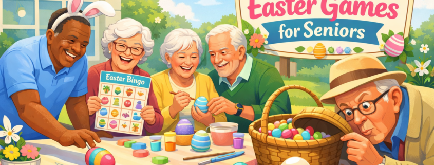 Illustration of a joyful Easter gathering of cheerful seniors in a bright spring community room or garden. Older adults of diverse backgrounds laugh and play gentle Easter games around a pastel-decorated table—one rolls a colorful egg, another holds an Easter-themed bingo card, a couple decorate eggs, and one peers humorously into a jellybean basket. Subtle whimsy includes bunny ears worn askew and an egg with sunglasses. A festive banner reads “25 Easter Games for Seniors,” with open space on the right for text. Soft pastel colors, clean lighting, and a warm, playful style; subtle branding text “FunAttic. Since 1998” appears in the bottom-right corner.