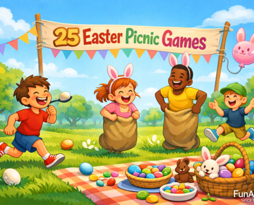 Playful Easter picnic illustration in a sunny park with diverse adults and kids playing egg-and-spoon and sack races, pastel colors, picnic blanket with eggs and candy, a bunny balloon floating above, and a banner reading ‘25 Easter Picnic Games.’ Subtle branding text reads ‘FunAttic. Since 1998.