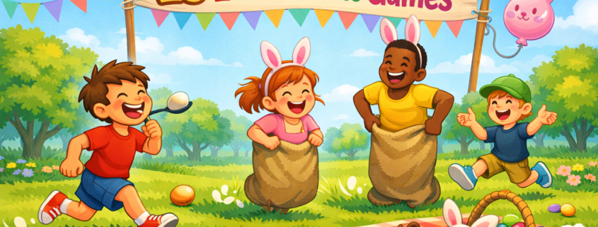 Playful Easter picnic illustration in a sunny park with diverse adults and kids playing egg-and-spoon and sack races, pastel colors, picnic blanket with eggs and candy, a bunny balloon floating above, and a banner reading ‘25 Easter Picnic Games.’ Subtle branding text reads ‘FunAttic. Since 1998.